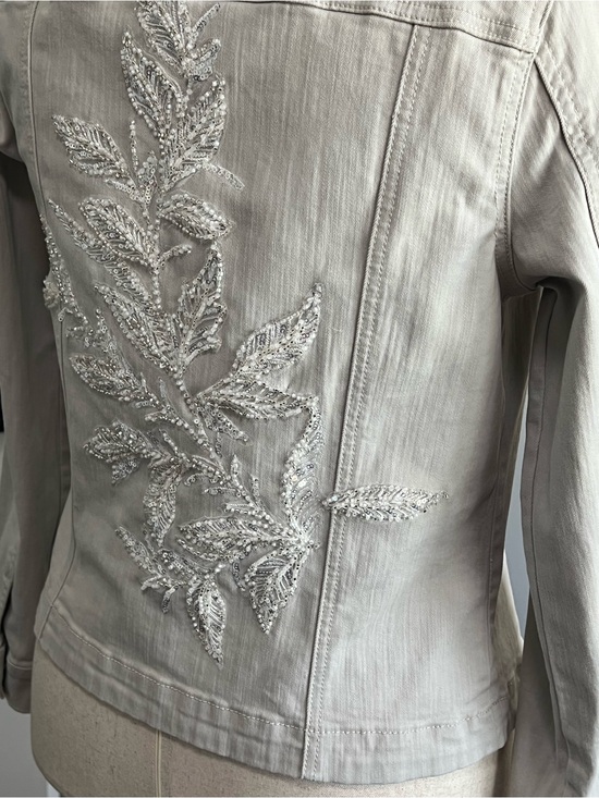 Kim Rogers Jackets & Blazers - Kim Rogers Light Beige Denim Jacket with Beaded Leaf Embroidery